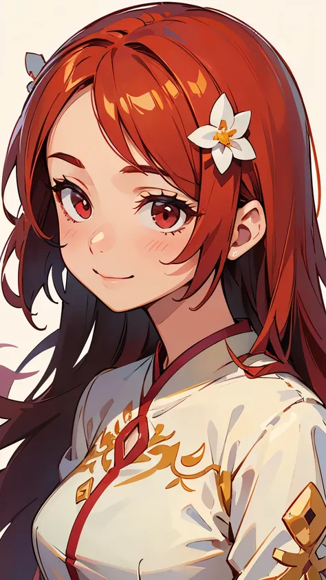  one girl、solo、 upper body closeup without left arm、Red eyes、Shiny orange hair 、 semi-long hair、Red hair ornament、smile、wallpaper、 very detailed 、((( very detailed な目と顔)))、​​Best Quality、 Realistic Portraits、Complex clothing、 very detailed 、 Dynamic Angle ...