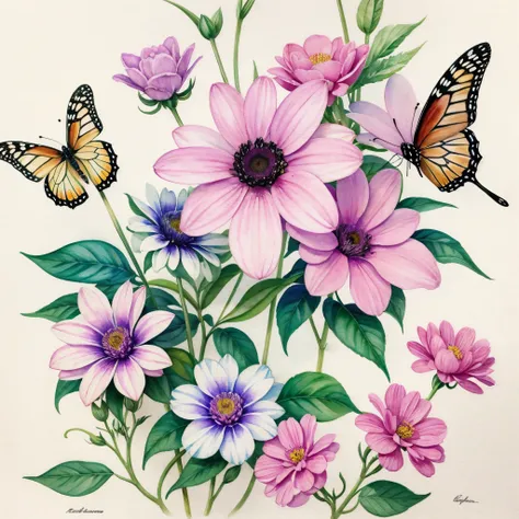 Tattoo in watercolor of flowers with butterflies