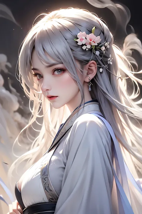  stone open-air bath surrounded by very high quality , masterpiece, Perfect illustration,  very detailed ( Exquisite light and shadow ,  very dramatic pictures,Backlight) , ((Grey Hair:1.5)) 1 girl, Alone, (wearing Hanfu, Royalty、Black and white Hanfu,Heav...