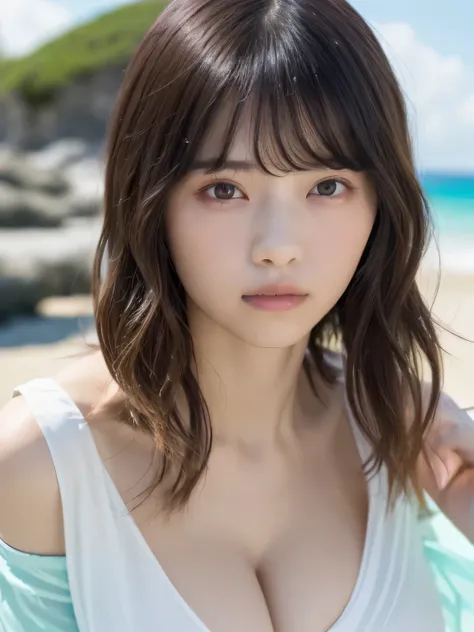 Masterpiece 、 top quality, super high resolution、8k, unvolume on 、 1 girl, ( Big Breasts :1.3), deep cleavage、 bright , blurry background, ( asymmetrical bang 、Super Long Wavy Hair :1.5), (A loose open-necked blouse)、Round face、Young Face、Natural Cos...