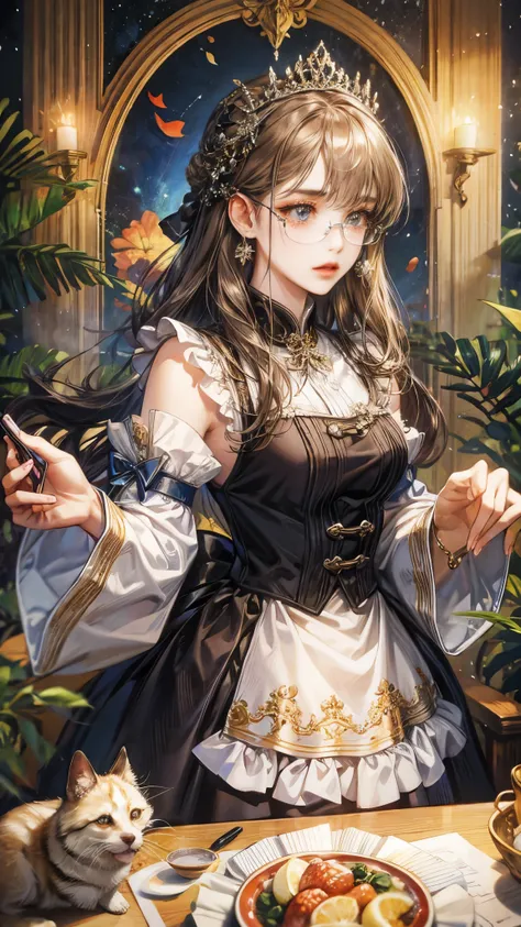 (( top quality)),( super high resolution),( super detailed),( detailed description ),(( best CG )),( Best Artwork ), Ultra Precision Art, Amazing Painting Art,(Exquisite art:1.5),　Maid, クラシカルMaid服, Glasses, Elegant appearance,  tea set 