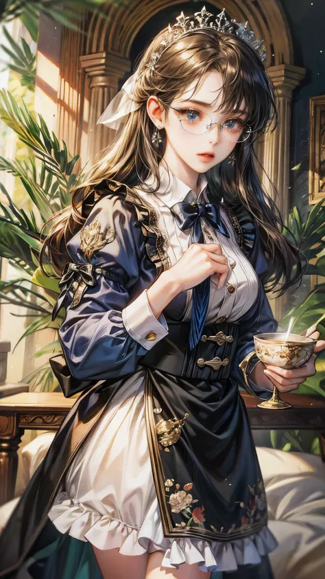 (( top quality)),( super high resolution),( super detailed),( detailed description ),(( best CG )),( Best Artwork ), Ultra Precision Art, Amazing Painting Art,(Exquisite art:1.5),　Maid, クラシカルMaid服, Glasses, Elegant appearance,  tea set 