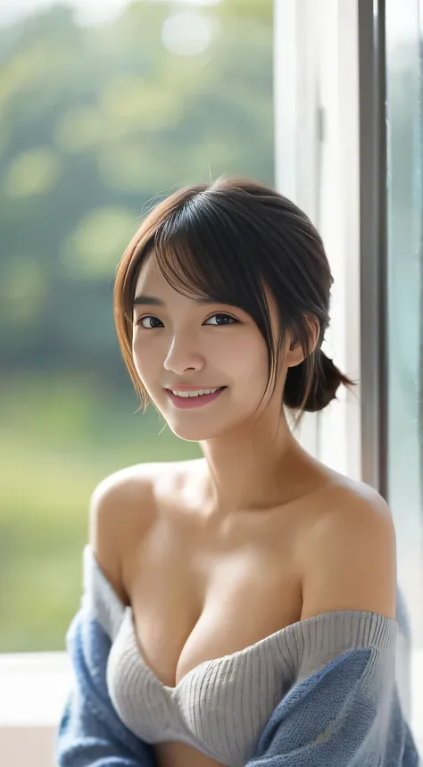 masterpiece,best quality,(Japanese girl),((Beautiful girl)),cleavage,(off shoulder:1.2),(perfect body beauty:1.2),(shy smile),From slightly above