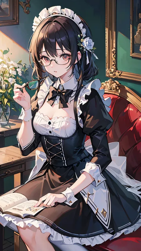 (( top quality)),( super high resolution),( super detailed),( detailed description ),(( best CG )),( Best Artwork ), Ultra Precision Art, Amazing Painting Art,(Exquisite art:1.5), Maid, クラシカルMaid服, Glasses, Elegant appearance, tea set