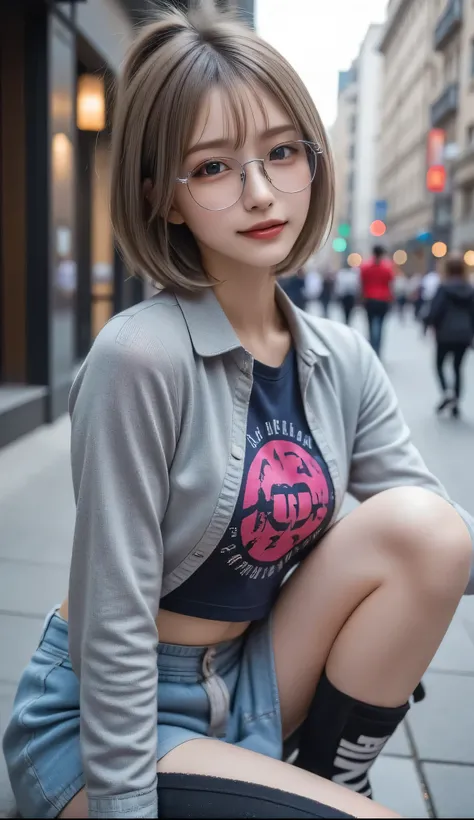  1 girl, Mid-chest, Breast, I wear glasses with thick frames that accentuate my facial features,  short hair , Ponytail and Gray, Silver Shirt, She is wearing another tight shirt underneath her shirt, Brightly colored details reminiscent of stars and plane...