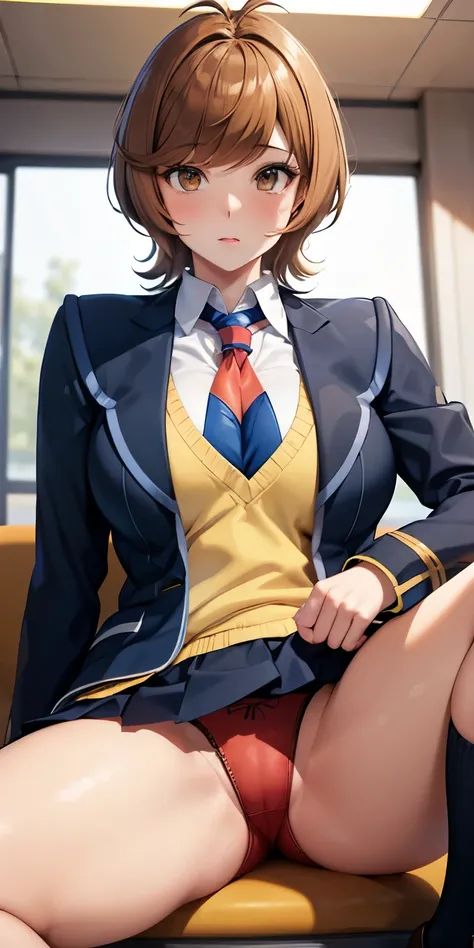 1 Female,High definition,high resolution,Ultra-realistic,8K, hmza, short hair, antenna hair, brown eyes, school uniform, blue necktie, yellow shirt,black jacket, long sleeves, school uniform,European,sexy,Upper body close-up,Photographed from the front,Dyn...