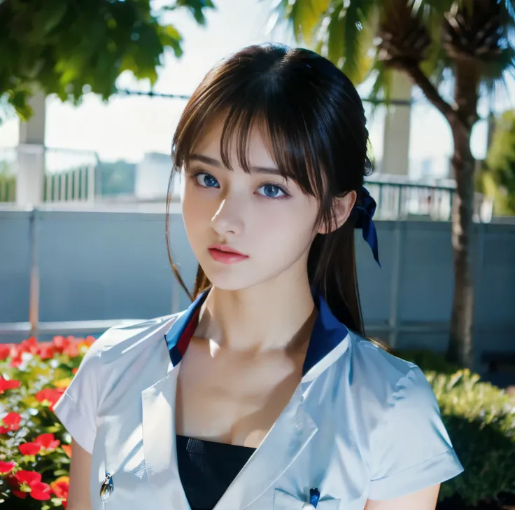 8K quality,  Masterpiece,  bright artistic lighting,  super real , Flower Garden,  one girl,  Brunette with Bangs , High school girl in uniform, (High chest position:1.3), (Big Breasts:1.3), From the chest up,  red ribbon tie, (Bright and Sparkling Blue Ey...