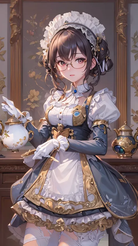 (( top quality)),( super high resolution),( super detailed),( detailed description ),(( best CG )),( Best Artwork ), Ultra Precision Art, Amazing Painting Art,(Exquisite art:1.5),　Maid, クラシカルMaid服, Glasses, Elegant appearance,  tea set 