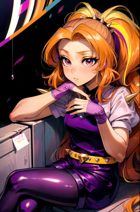 masterpiece,best quality,1girl,mlpdazzle,ponytail,multicolored hair,orange hair,blonde hair,long hair,purple eyes,dress,purple shorts,pantyhose,fingerless gloves,belt,jewelry,spikes,expressionless,sitting,crossed legs,looking to the side,hand on own face,a...
