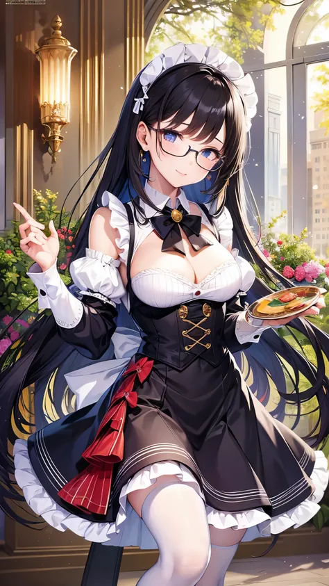 (( top quality)),( super high resolution),( super detailed),( detailed description ),(( best CG )),( Best Artwork ), Ultra Precision Art, Amazing Painting Art,(Exquisite art:1.5),　Maid, クラシカルMaid服, Glasses, Elegant appearance,  tea set 