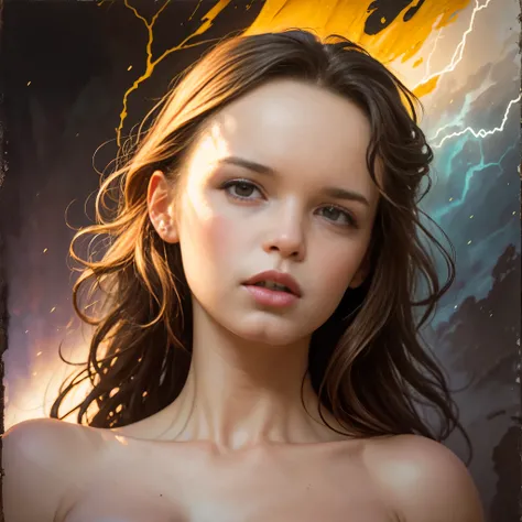 (masterpiece), cartoon, best quality，(photo_(medium):1.0), by Antonio J. Manzanedo, by Jeremy Lipking, lightning, in a surreal landscape, painting style with watercolor, Brushstrokes, black  eyes,colorful，vibrant colors,1girl, renatadaninsky 