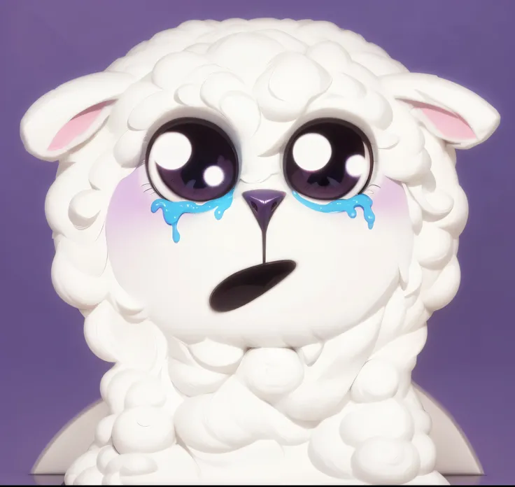  3The image is a 3 d art of a cartoon sheep with large, expressive eyes, rosy cheeks, and a surprised or distressed expression. The background is a solid purple color.  The style is simplistic and cartoon-like, in the style of a 3d Pixar-style cartoon illu...