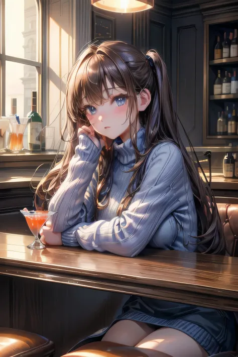 tableトップ,  top quality,  1 girl, Alone,  long light brown hair ,  beautiful blue eyes ， Window ,  sitting, indoor, table,  sleeve goes on the list , ((bar)),Counter seats、((  cocktails))，  blue sweater that tilts forward ,  upper body、Looks sleepy、 red fac...