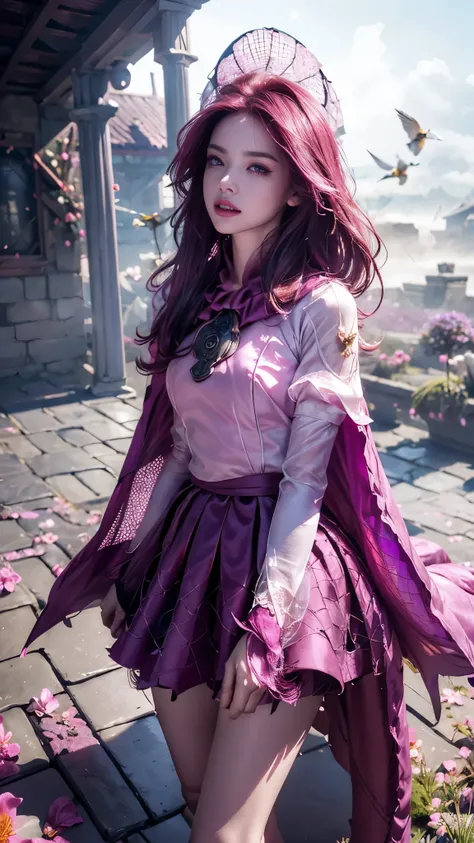 8k, masterpiece, 1 girl, beautiful face, very long hair, light makeup, (glossy skin), detailed eyes, detailed lips, shut up small bust, fantasy clothing, blowing wind, ((magenta clothing)), ((fantasy petticoat)), ((mesh cape)), mesh clothing, ((fog)), ((at...