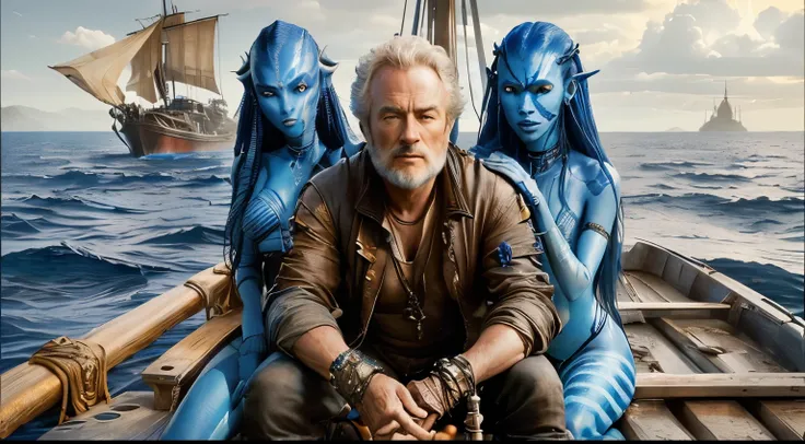 arafed man sitting on a boat with two blue alien like people, james cameron avatar style, still from a ridley scott movie,