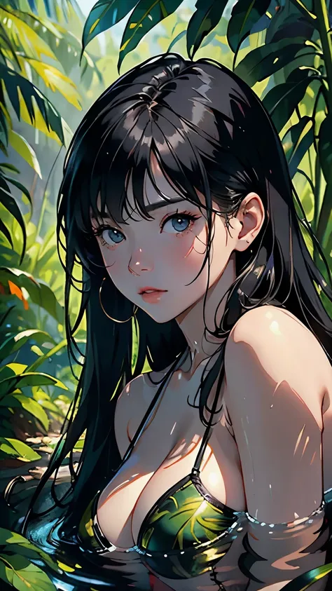  top quality、​masterpiece、 Ultra A High Resolution、( Photorealistic:1.4)、 RAW photos 、 one girl 、(( detailed depiction of a beautiful face ))、Black-haired、  dramatic lighting 、 full body lesbians slimed、 bikini、in jungle