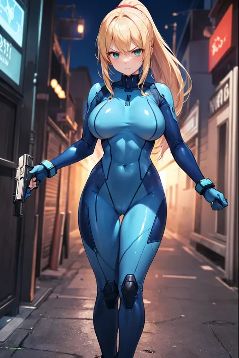 masterpiece, best quality, integrated scenery, integrated background, extremely delicate and beautiful, meticulous details, good composition, , cute face, perfect face, perfect hands,  1girl, Samus Aran (Metroid) ,solo, ponytail, blond hair, (blue_metallic...