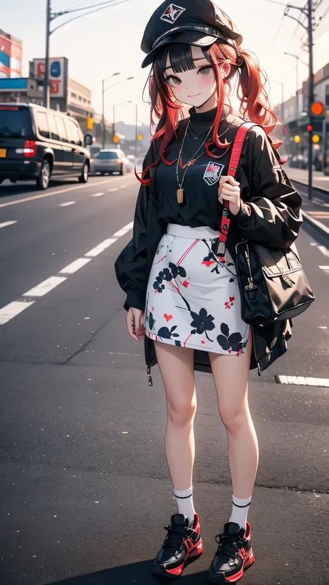  1 girl, Alone, Red Hair, red eyes,  twin tails, employee uniform , Pencil Skirt, Skeleton pattern, Navy Cap, Orange Sky,,  outdoor, station, Standing in front of the bus,