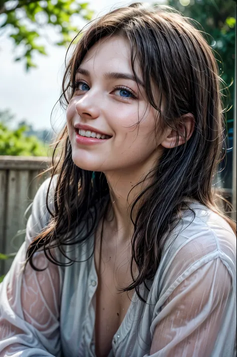 Profile wet from pouring rain, rainy day, face and hair wet, photorealistic, fair and smooth skin, gray-blue eyes, beautiful face, brunette hair, photon mapping, bright natural light, vibrant colors, aesthetics, smiling, smiling happily,