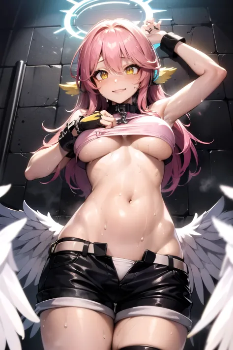 jibril, BREAK jibril, angel, angel wings, collar, animal ears, bird ears, compass rose halo, belly button, feathered wings, feathers, gradient hair, halo, long hair, low wings, multicolored hair, pink hair, symbol-shaped pupils, thigh tattoos, tattooed, bi...