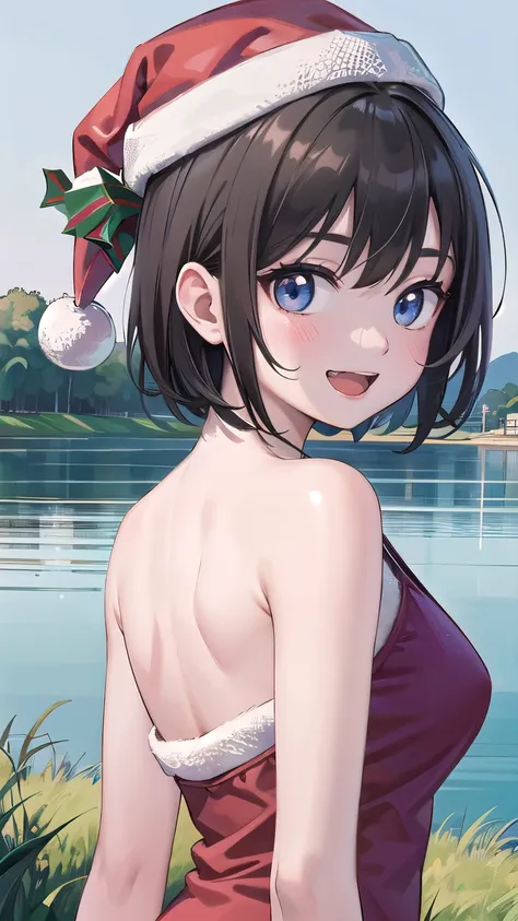 (1 person)、(((Black short hair)))、((whole body))、(((Santa outfit with front open)))、((Looking Back))、((At the summer lake in the grassland))、(((whole body)))、(Beautiful Japanese Women)、(Santa hat)、((Santa clothes))、 (Red and black one-piece school swimsuit...