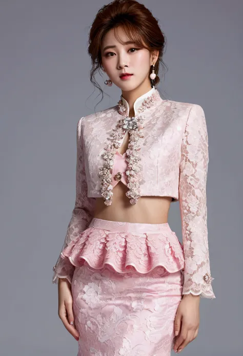 A Korean man is wearing a ladies skirt suit, a beautiful skirt suit, he is a crossdresser, he has big breasts on his chest like a womans, his face is very masculine, his hair is masculine short, pink and white, frills and lace. Decoration, ladys dress, two...