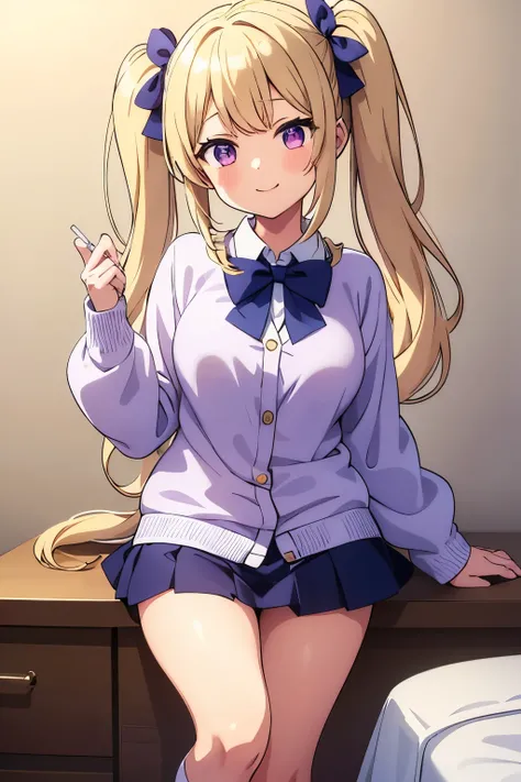  middle school girls 　１４age　 A Cup Breasts　Blonde　 long twin tails 　 twin tails with bow　 gal　 purple eyes　smile　（（One person））　 upper body white long sleeve blouse and light brown cardigan　 navy blue mini skirt that holds the hem　 white light blue horizon...