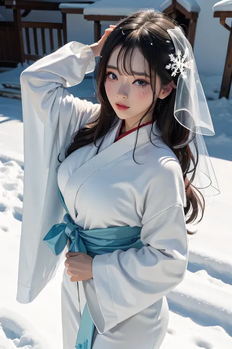   top quality、Film direction 、 A beautiful female snow fairy 、 Snow Woman is dancing like a snowy mountain in the middle of a blizzard 、 Snow Woman in the form of a beautiful woman 、 Snow Woman has flashy action 、 Snow Woman wears a thin silk yukata、Her ex...