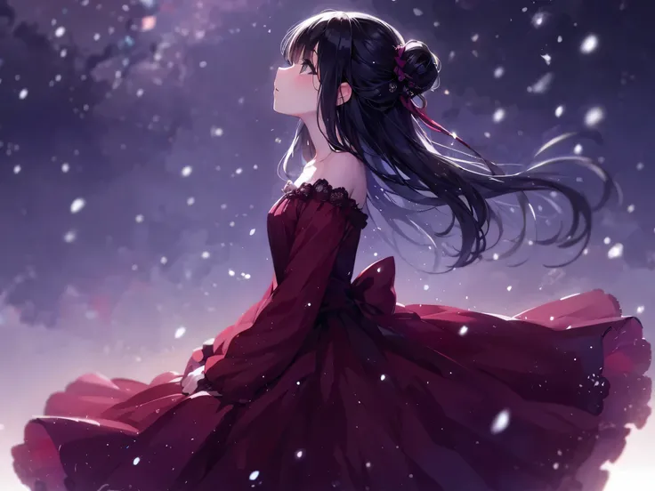 illustration Neat and clean girl 、Extremely fantastical 、blue sky 、Backlighting、 Gentle features、 black girl in a white dress looking up at the sky、  Full Body Esbian、Beautiful detailed sky with shining stars, Full Body Esbian、Sparkling、 low angle super lo...