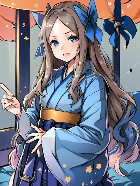 asakazeKC, 1girl, solo, long hair,skirt, hair bow, sidelocks,kimono, parted bangs, wavy hair, blue bow, hakama, hakama skirt, forehead, anchor, blue hakama, furisode, meiji schoolgirl uniform