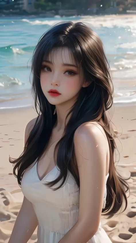 best quality,masterpiece,ultra high resolution,(actual:1.4),original photo,ultra high definition，8k，A perfect young female，in the dark，High picture quality，Black hair，Long hair flowing over the shoulders，Beach wave hairstyle，Hydrated red lips，Real Human，CG...