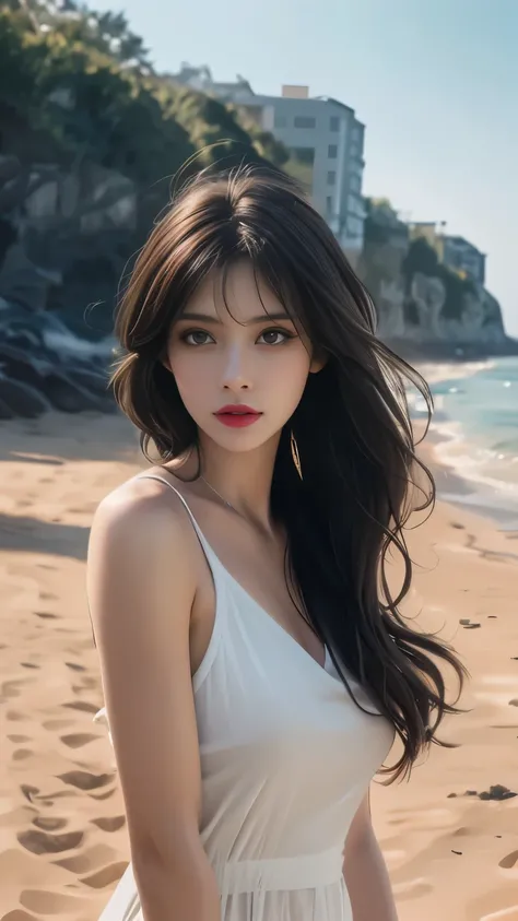 best quality,masterpiece,ultra high resolution,(actual:1.4),original photo,ultra high definition，8k，A perfect young female，in the dark，High picture quality，Black hair，Long hair flowing over the shoulders，Beach wave hairstyle，Hydrated red lips，Real Human，CG...