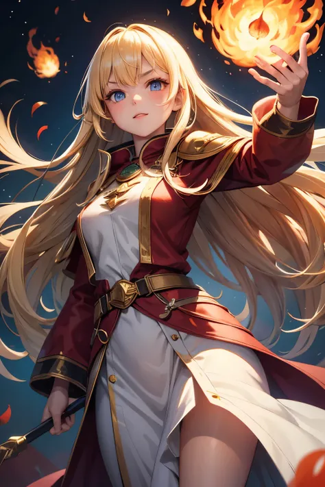  1 girl,  high definition , Blonde, Bangs are above the eyebrows ， long straight hair ，Mage Outfit ， use fire magic，The city where flames rise 