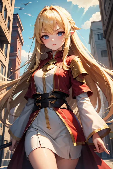  1 girl,  high definition , Blonde, Bangs are above the eyebrows ， long straight hair ，Mage Outfit ， use fire magic，The city where flames rise 