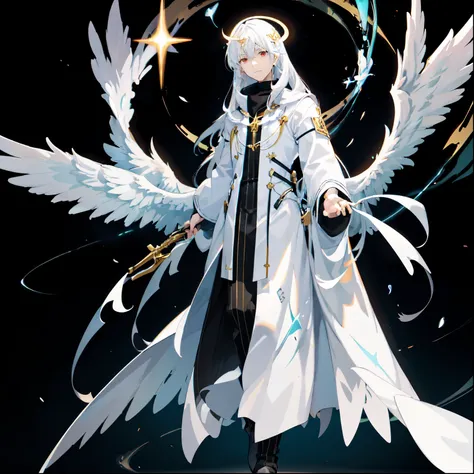 Hombre con bufanda color rojo Looking forward Man in formal attire wearing a white and platinum lab coat on top Male,red eyes, cabello largo color platino anime angel con alas y un halo por encima de la cabeza, anime wallpaper , bíblico preciso angel , ang...