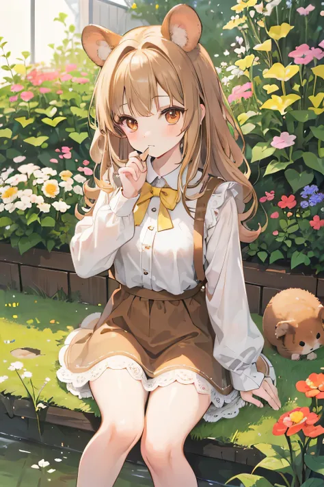 a cute hamster girl with brown rabbit-like ears, deep brown inner ears, brown fur, brown fluffy neck, brown fluffy tail tipped with light brown, large brown eyes, wearing simple clothes, sitting in a garden, masterpiece, best quality, blonde hair