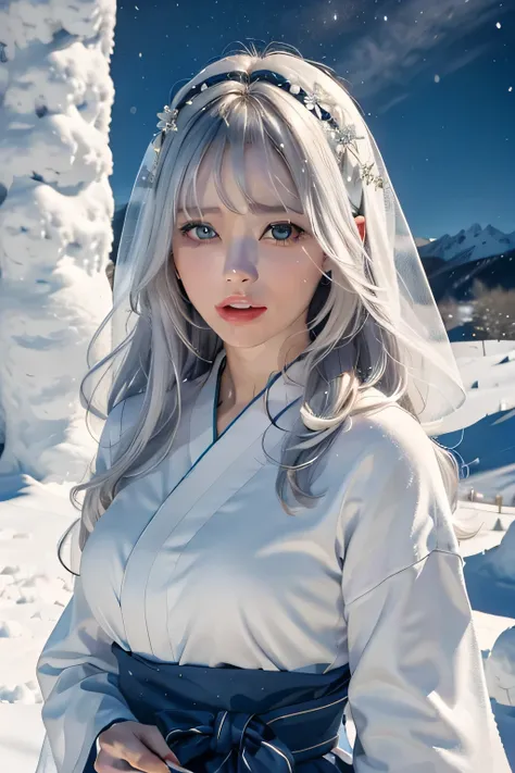   top quality、Film director  、 A beautiful 40-year-old female snow fairy is crying 、 Snow Woman is a specter in the shape of a beautiful woman  、  Snow Woman makes flashy movements   、   Snow Woman wears a thin silk yukata  、Her expression is crying  、  an...