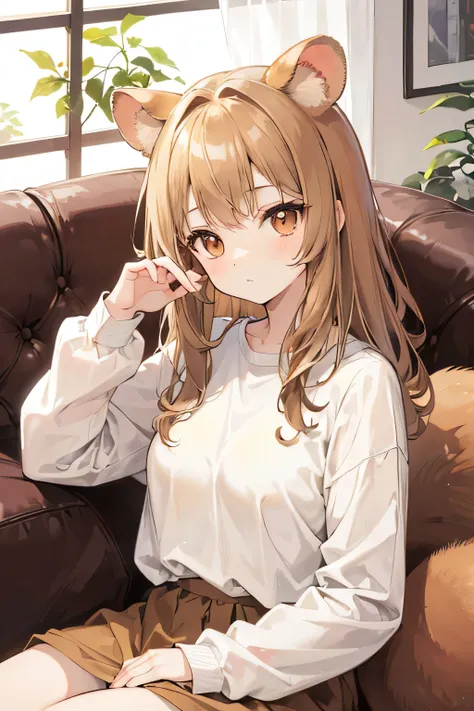 a cute hamster girl with brown rabbit-like ears, deep brown inner ears, brown fur, brown fluffy neck, brown fluffy tail tipped with light brown, large brown eyes, wearing simple clothes, sitting in a sofa, masterpiece, best quality, blonde hair, background...