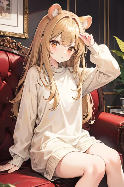 a cute hamster girl with brown rabbit-like ears, deep brown inner ears, brown fur, brown fluffy neck, brown fluffy tail tipped with light brown, large brown eyes, wearing simple clothes, sitting in a sofa, masterpiece, best quality, blonde hair, background...