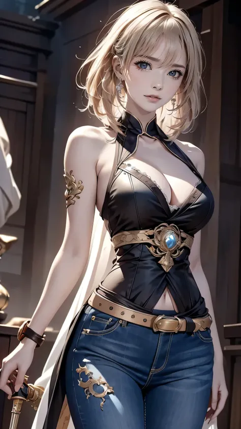 ((solo)), (woman), golden eyes, blonde hair, short hair, wavy hair, messy hair, medium breasts, (mature body), a close up of a person with a spear in a battlefield, detailed key anime art, casimir art, masamune shiro, masamune, beautiful woman in demon sla...