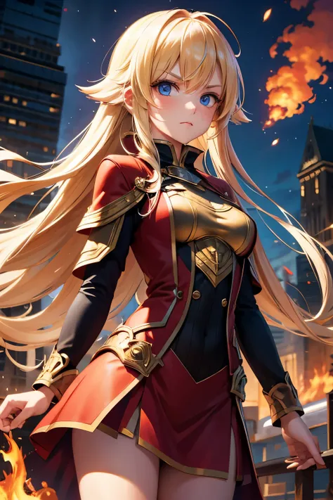  1 girl,  high definition , Blonde, Use the magic of fire ， long straight hair ，Mage Outfit ，Burning City， painful expression