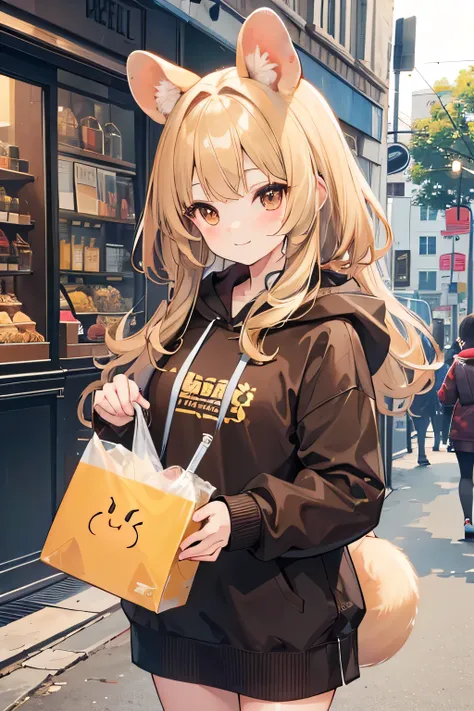 a cute hamster girl with brown rabbit-like ears, deep brown inner ears, brown fur, brown fluffy neck, brown fluffy tail tipped with light brown, large brown eyes, wearing hooded sweatshirt with a skirt, holding a drink, masterpiece, best quality, blonde ha...