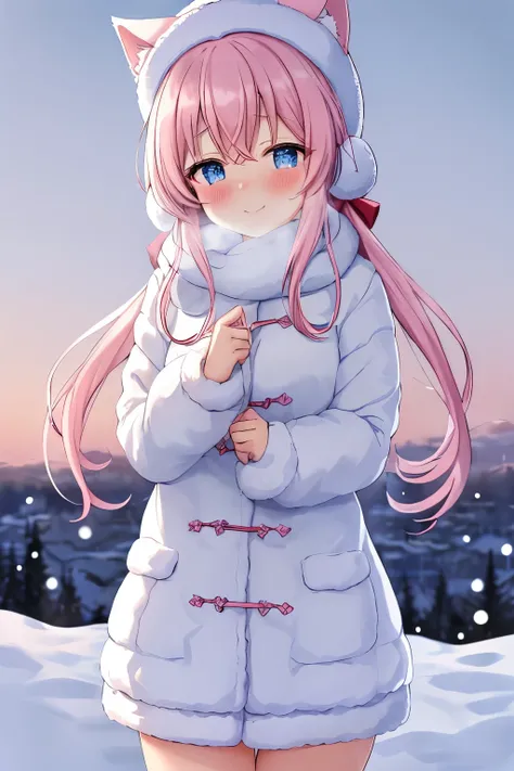 (masterpiece, best quality, ultra-detailed, 4K), a cute anime girl with pastel pink twintails and large sparkling blue eyes, wearing a fluffy white knit hat with small animal ears, a soft pastel-colored scarf, a warm winter coat, gentle blush on her cheeks...