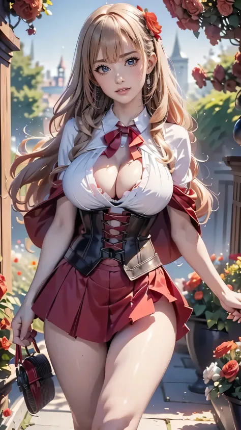 ((beautitul adult version of red ridding hood)) ((cute smile)) (()) ((blue eyes)), ((dark eyeshadows make up)) ((red lips)) ((blonde hair))((big breast:1.5)) ((slender body:1.3)) ((wears a blouse, corset, short red skirt, red hood)) ((red cape, long socks)...