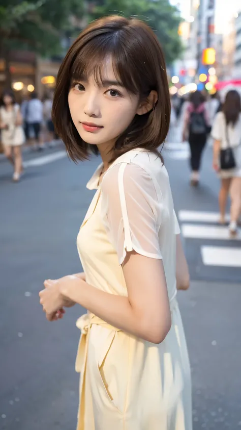  (( Beautiful Older Sister on the Street  :1. 4 Portraits  )), very beautiful and slim 、 Fresh One Piece Dress Extremely Delicate Face  , Skin and Hair、  short hair、 Dark Brown Hair、、 Please cover your chest with your arms、Inside the street  、now、 crowded ...