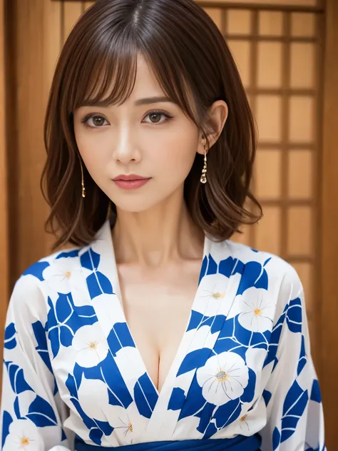 masterpiece,  top quality,  one woman, ( beautiful woman:1.3), (40 years old:1.3),  Extremely Delicate Eye Depiction, ( symmetrical eyes:1.3), (yukata, 花柄のyukata:1.2),  Beautiful breasts ,  brown eyes, parted bangs,  brown hair 、 white skin