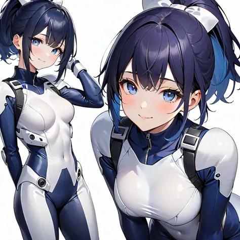 (​masterpiece、 top quality、 highest resolution、Clear image、 detailed images、 The angle is from above ): (solo、Lonely Girl、Japanese Face、 high knot ponytail、Dark blue hair girl、Sparkling Blue Eyes、( white and navy blue pilot suit with enamel finish、 white a...