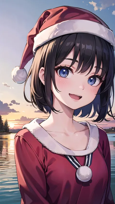 (1 person)、(((Black short hair)))、((whole body))、(((Santa outfit with front open)))、((Random Pause))、((At the lake at dusk))、(((whole body)))、(Beautiful Japanese Women)、(Santa hat)、((Santa clothes))、 (Red and black one-piece school swimsuit)、((Open mouth s...