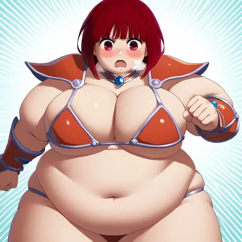 score_9, score_8_up, score_7_up, source_anime, kanaarima, kana arima, short hair, bangs, red eyes, red hair, bob cut,, elizabethbathorybravecosplay, elizabeth bathory (brave) (fate) (cosplay), armor, bikini armor, pauldrons, shoulder armor, red armor, silv...