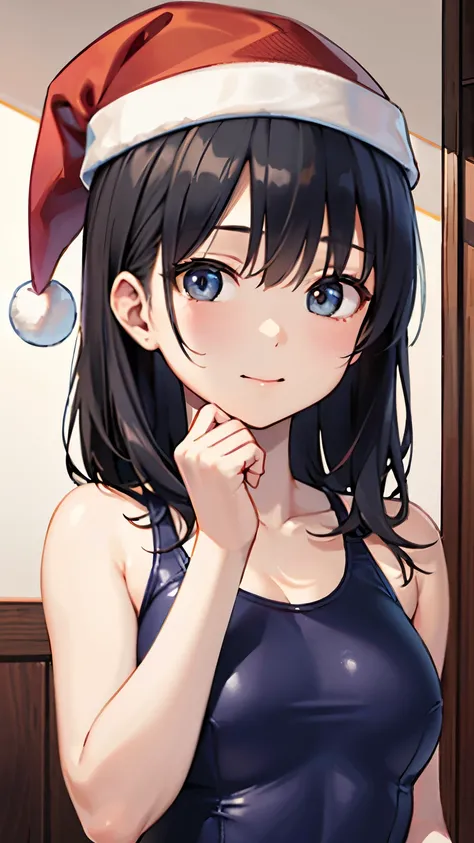 (1 person)、(((Black Hair)))、((whole body))、(((Santa outfit with front open)))、((Place your palms together in front of your body))、((In the girls room))、(((whole body)))、(Beautiful Japanese Women)、(Santa hat)、((Santa clothes))、 (Navy blue one-piece school s...